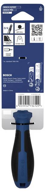 Bosch ECO Schraubendreher-Bitset mit vier Bitprofil-Symbolen in Klammern, QR-Code, blauem Griff-Werkzeugbild und Barcode am unteren Ende.