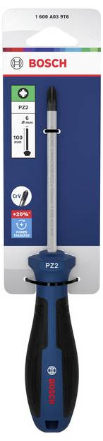 Bosch PZ2 Schraubendreher mit blau-schwarzem Griff, auf Einzelhandelsverpackung für Phillips-Kopf-Verwendung abgebildet.