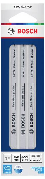 Bosch 3er-Set Metallstichsägeblätter, 150 mm, für dünnes Metall, Holz/Metall und Metall, mit T-Schaft und HSS/HCS-Kompatibilität.