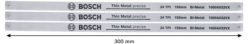 Produktbild von drei dünnen Bosch-Metallpräzisionssägeblättern, gekennzeichnet mit 24 TPI, 150 mm, Bi-Metall, Modell 1600A032VX, mit einer 300-mm-Längenskala darunter.