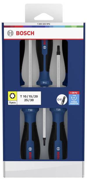 Bosch 5-teiliger Schraubendrehersatz in Einzelhandelverpackung, zeigt zwei Flachkopf- und drei Torx-Antriebe mit den Größen T10/T15/T20/T25/T30.