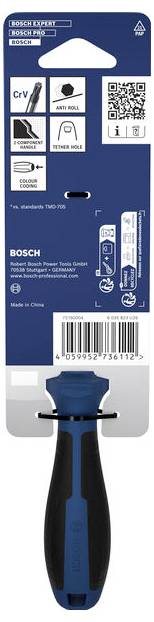 Bosch X-LOCK Schleifblatt-Verpackung mit blau-schwarzem Griff, Blatt-Symbolen, QR-Code und Barcode.