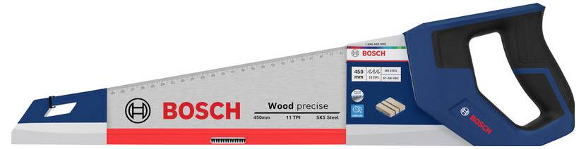 Bosch Holzhandsäge in blau-weiß verpackt, seitliche Ansicht mit sichtbarem Sägegriff und Sägeblatt.
