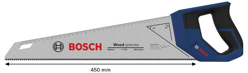 Bosch-Handsäge mit blauem und schwarzem Griff, mit der Beschriftung 450 mm, dargestellt mit präzisen Holzschnittmarkierungen und Messleitern.