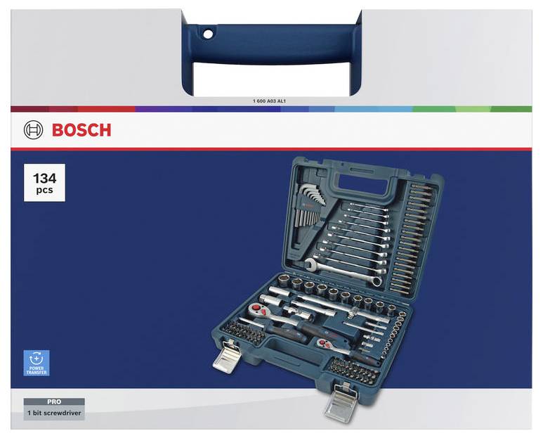 Bosch Pro 134-teiliger Schraubendreher-Satz mit 1 Bit in einem blauen Koffer, geöffnet dargestellt mit Ratsche, Stecknüssen, Bits und Zubehör.