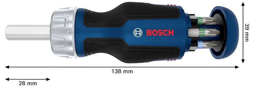 Bosch-Handwerkzeug in Seitenansicht dargestellt, beschriftet mit Abmessungen von 138 mm Länge und 39 mm Breite, mit einer 28 mm Messung für die vordere Welle.