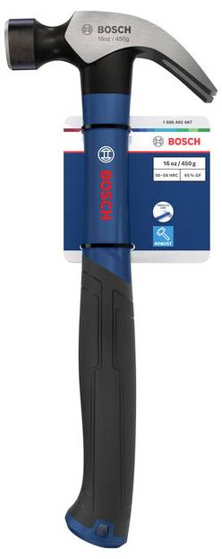 Bosch Klauhammer mit schwarzem und blauem Griff, gezeigt mit Produktverpackung dahinter.