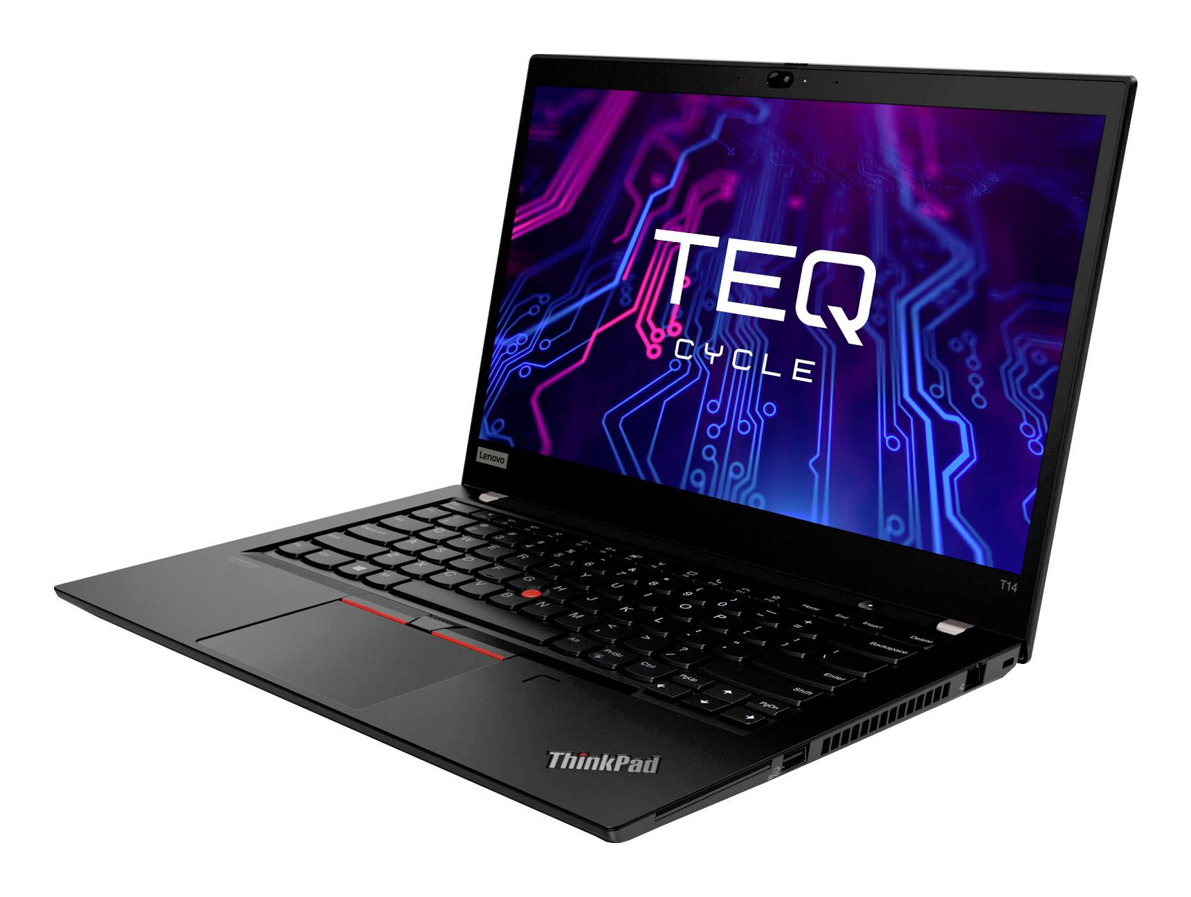 Schwarzer Lenovo ThinkPad Laptop in einem Winkel offen, zeigt einen Bildschirm mit 