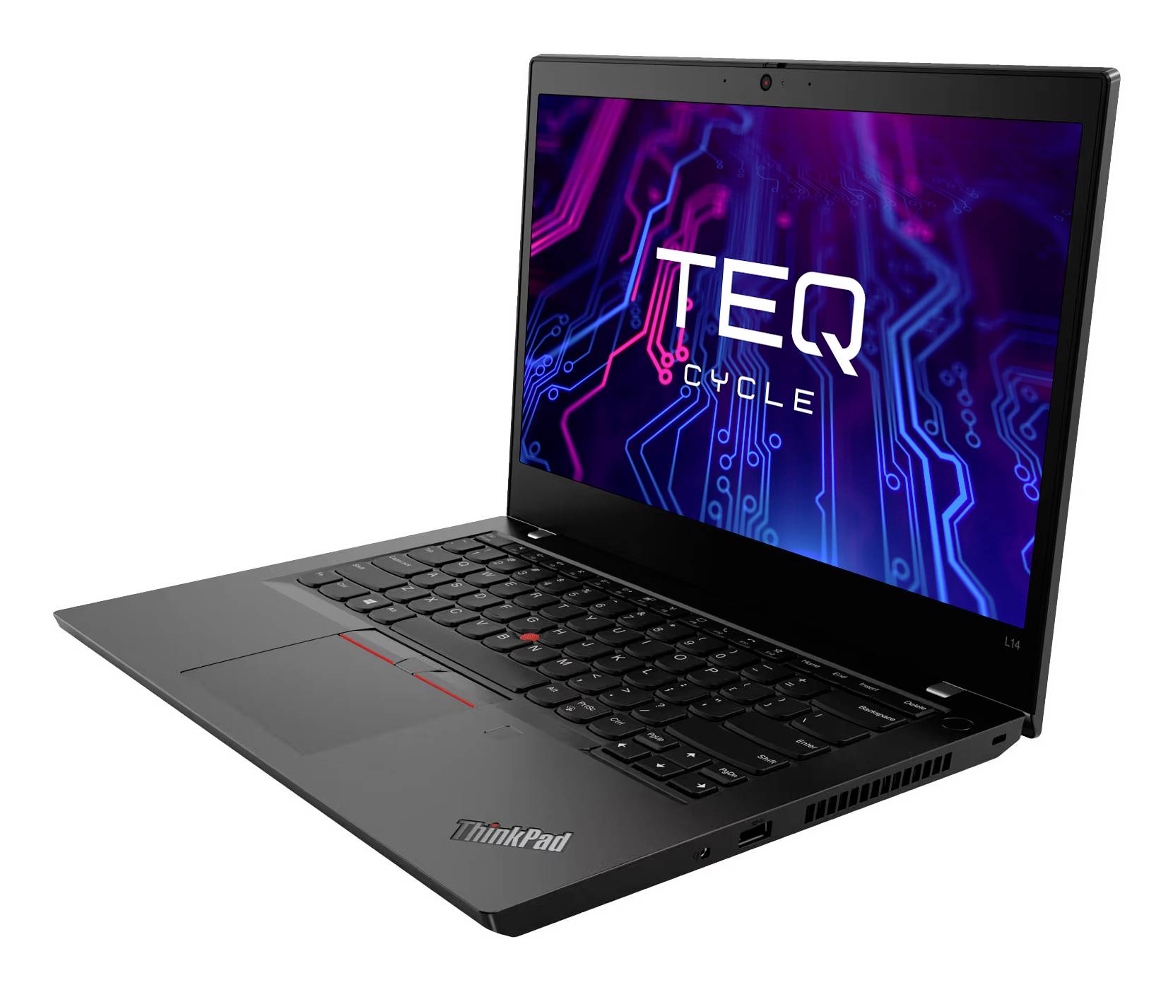 Schwarzer Lenovo ThinkPad-Laptop, der in einem Winkel geöffnet ist und einen Bildschirm mit 