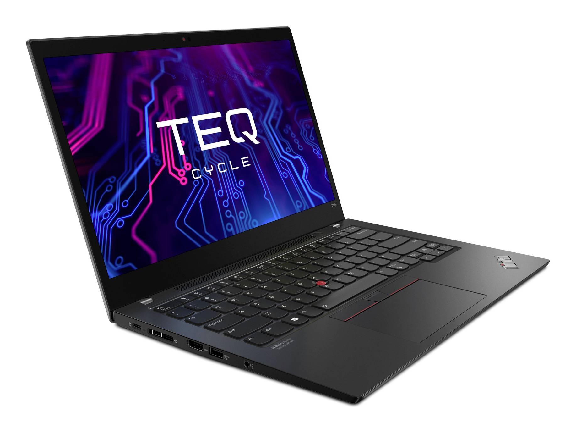 Schwarzer Laptop, der in einem Winkel geöffnet ist und einen Bildschirm mit dem Logo 