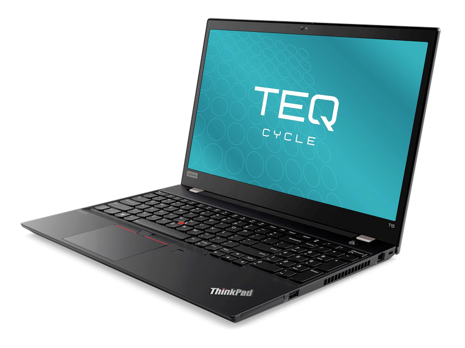 Schwarzer Lenovo ThinkPad Laptop, aufgeklappt angezeigt, mit einem türkisfarbenen Bildschirm und dem Text „TEQ CYCLE