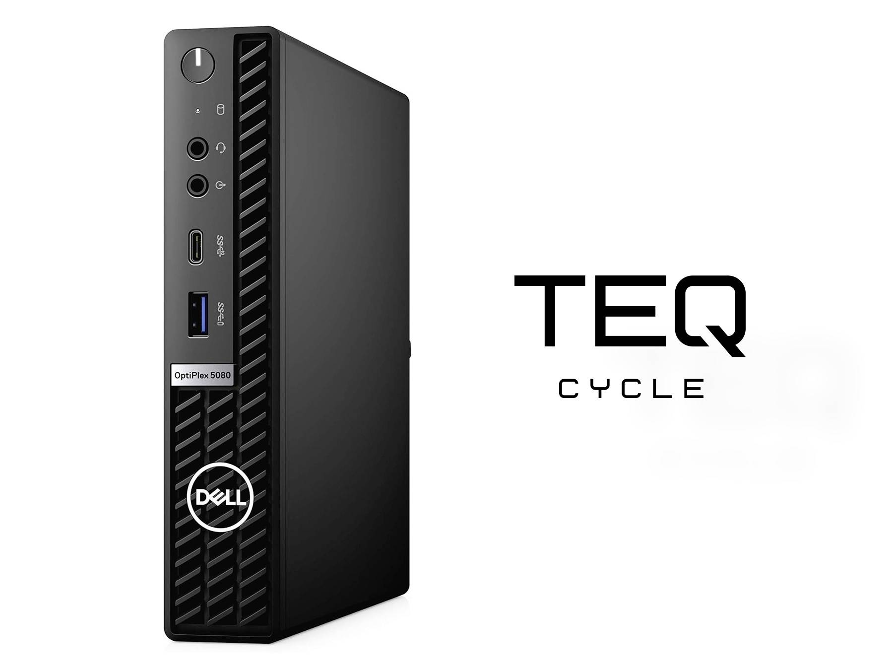 Dell OptiPlex 5000 Desktop-Tower neben dem TEQ Cycle Logo auf weißem Hintergrund.