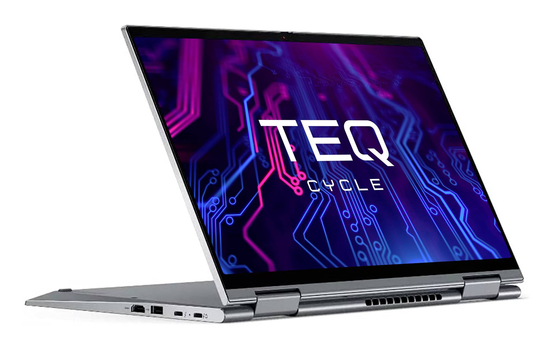 Ein silbernes 2-in-1-Laptop im Zeltmodus, das das Logo „TEQ CYCLE