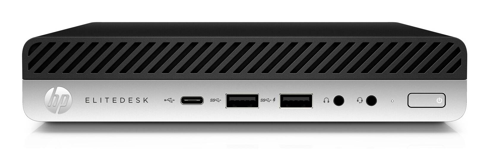 Vorderansicht eines HP EliteDesk Mini-Desktop-Computers mit Lüftungsgitter, USB-Anschlüssen an der Vorderseite, Kopfhöreranschluss und Ein-/Ausschalter.