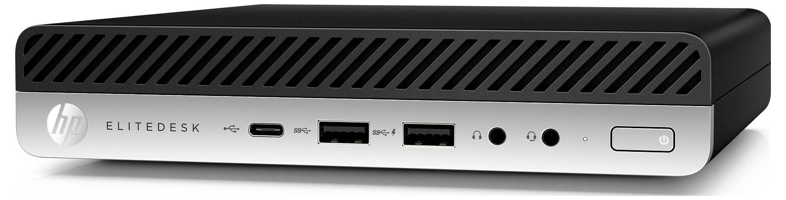 Vorderansicht eines HP EliteDesk-Desktopcomputers mit Lüftungsschlitzen, USB-Anschlüssen, Audiobuchsen und Ein-/Ausschalter.