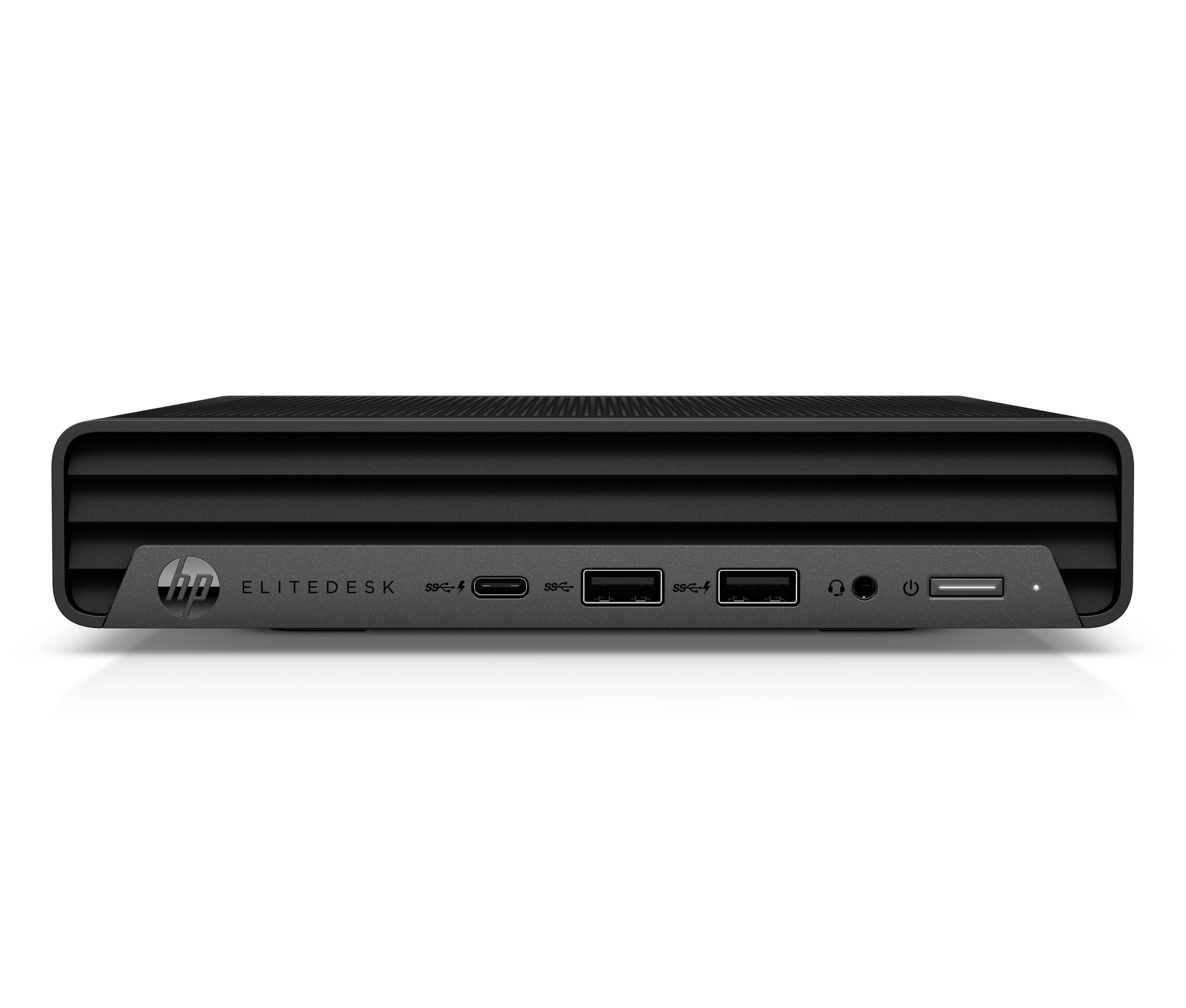 Vorderansicht eines HP EliteDesk Desktop-Computers mit sichtbaren vorderen Anschlüssen und Betriebstaste auf weißem Hintergrund.