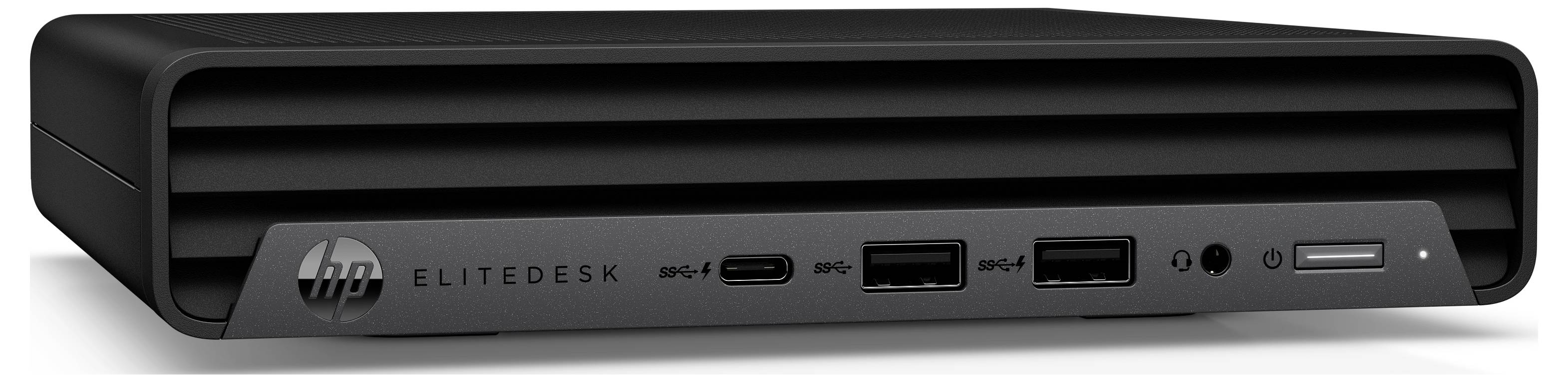 Vorderansicht eines HP EliteDesk Mini Desktop-Computers mit Logo und vorderen Anschlüssen und Tasten.
