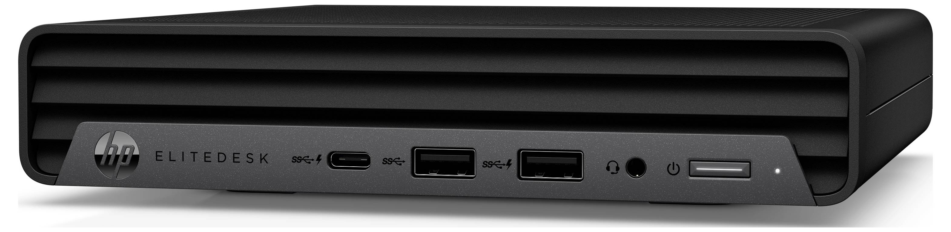 Vorderansicht eines schwarzen HP EliteDesk Mini-Desktopcomputers mit mehreren USB-Anschlüssen und Audio-Buchsen auf der Frontplatte.