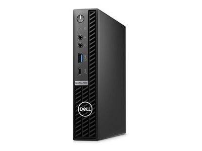 Ein kompakter Dell-Desktop-Computerturm, von vorne gezeigt, mit Netzschalter, Anschlüssen, Lüftungsgitter und Dell-Logo.