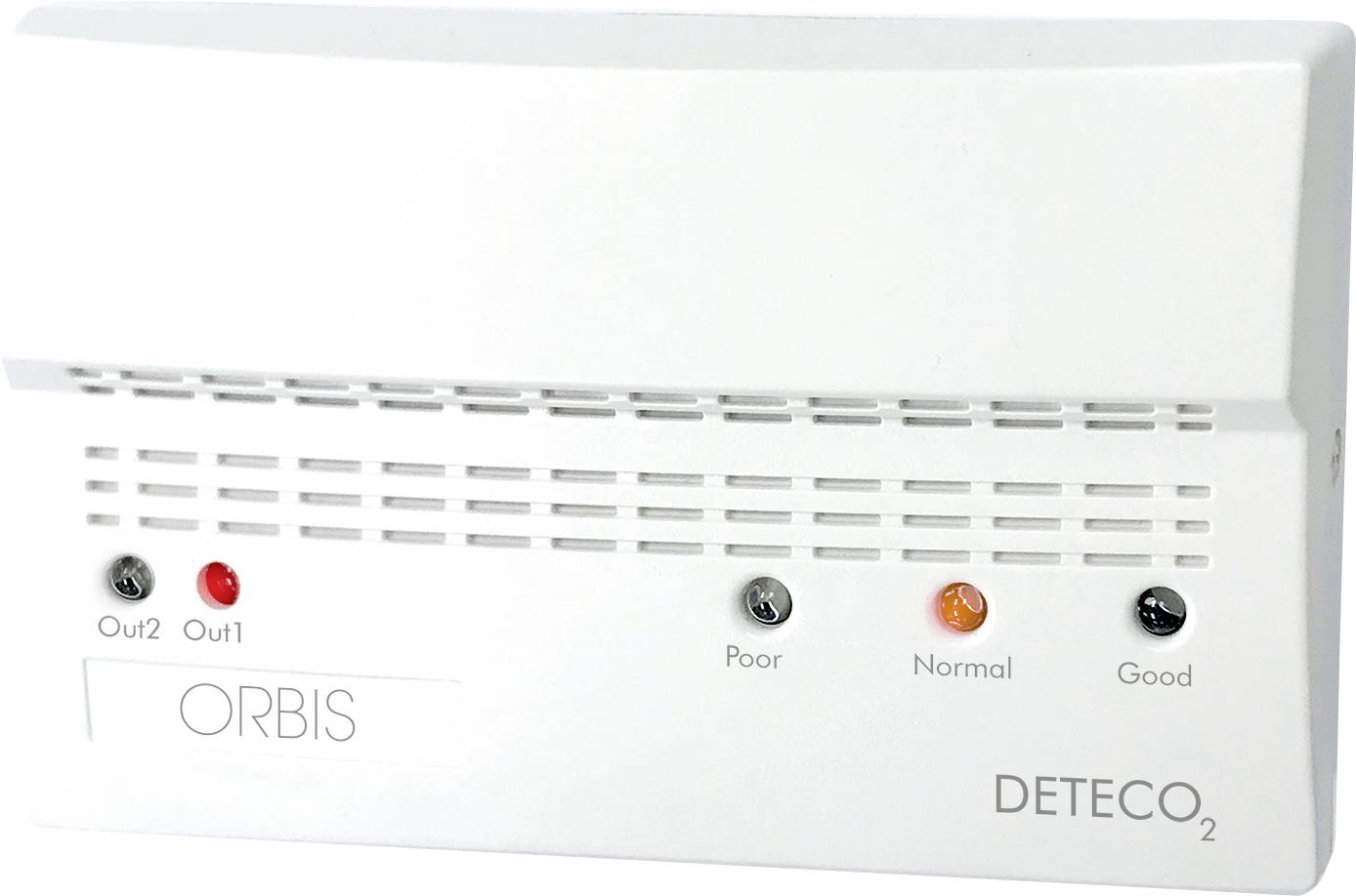 Weißer wandmontierter ORBIS DETECO2-Detektor mit Lüftungsöffnungen und Status-LEDs mit den Bezeichnungen Out2, Out1, Poor, Normal und Good.