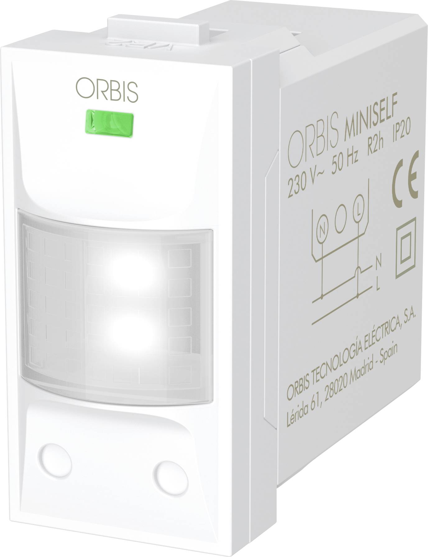 Weißes ORBIS MINISELF Elektrogerät mit grüner Kontrollleuchte und vorderem Sensorfenster, gekennzeichnet mit 230V~ 50Hz 2A IP20.
