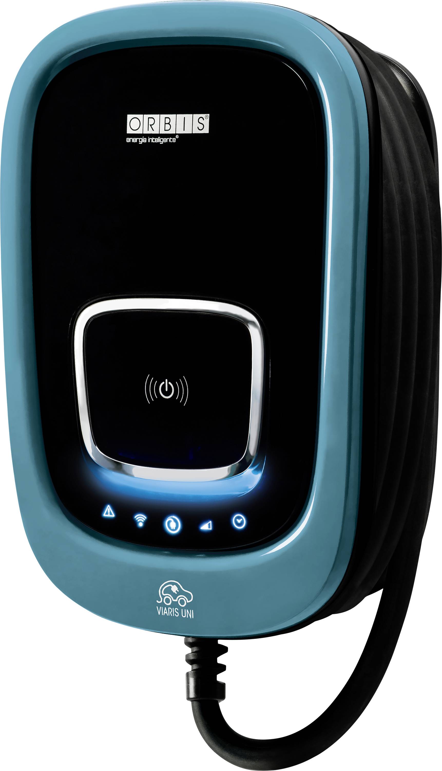 Wandmontierte ORBIS EV-Ladestation mit teakfarbener Front, schwarzem Mittelpanel, leuchtenden Tasten und angebrachtem Kabel.