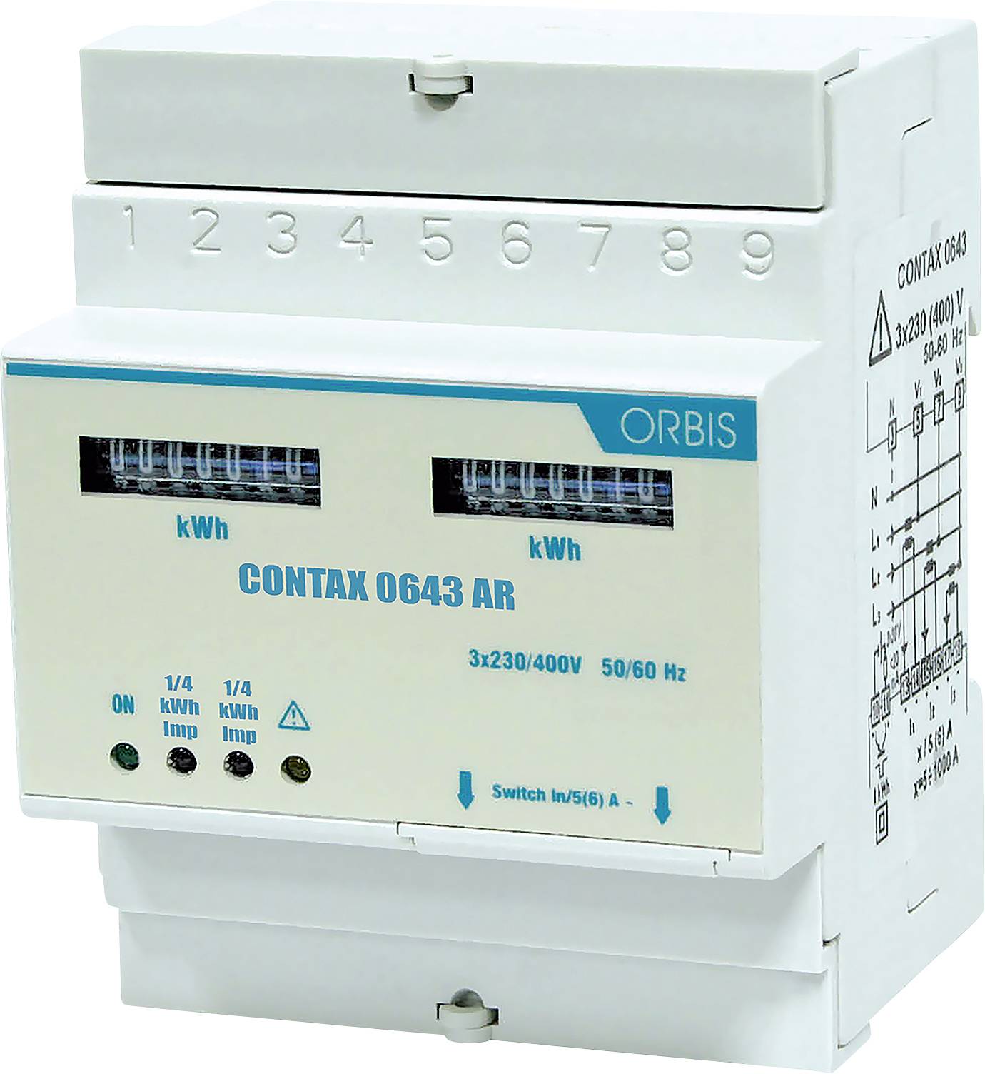 Weißes ORBIS CONTAX 0643 AR Elektrizitätszähler mit kWh-Anzeigefenstern und Schaltschema auf der Seite.