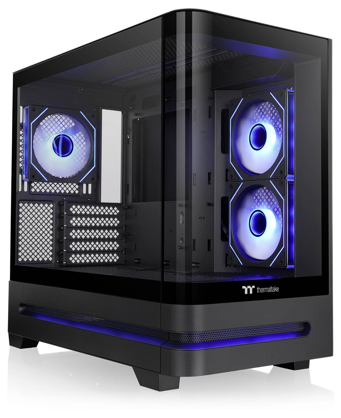 Schwarzes Thermaltake Desktop-PC-Gehäuse mit gehärteten Glaspanelen und blau beleuchteten Kühlventilatoren.