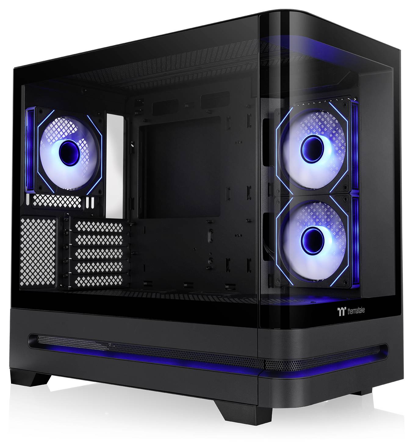 Schwarzes Thermaltake-PC-Gehäuse mit gehärtetem Glasseitenpaneel und blau beleuchteten RGB-Lüftern im Inneren.