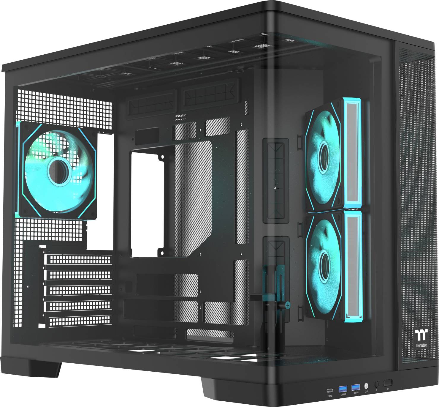 Schwarzes Mid-Tower-PC-Gehäuse mit gehärtetem Glasseitenpaneel und drei cyan-beleuchteten Kühlventilatoren, das ein leeres Inneres und vordere I/O-Anschlüsse zeigt.