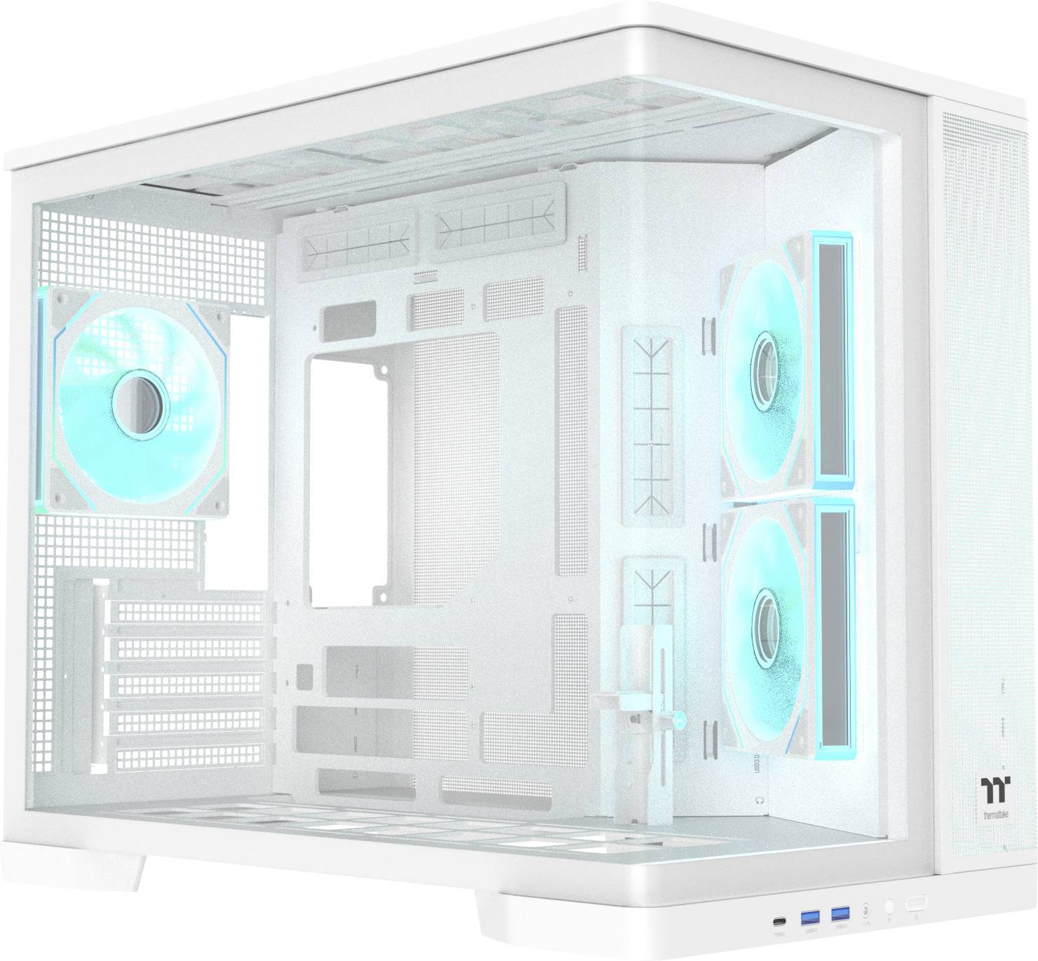 Weißes Gaming-PC-Gehäuse mit gehärteten Glaspanelen, türkisbeleuchteten Lüftern und leerem Inneren mit sichtbarem Motherboard, GPU und Kabelführungsraum.
