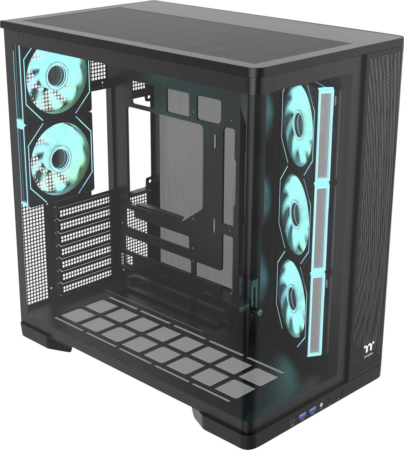 Schwarzes mittleres Tower-PC-Gehäuse mit Glaspaneelen und cyan-beleuchteten Kühlventilatoren, leer dargestellt, um das interne Layout und das Luftstromdesign hervorzuheben.
