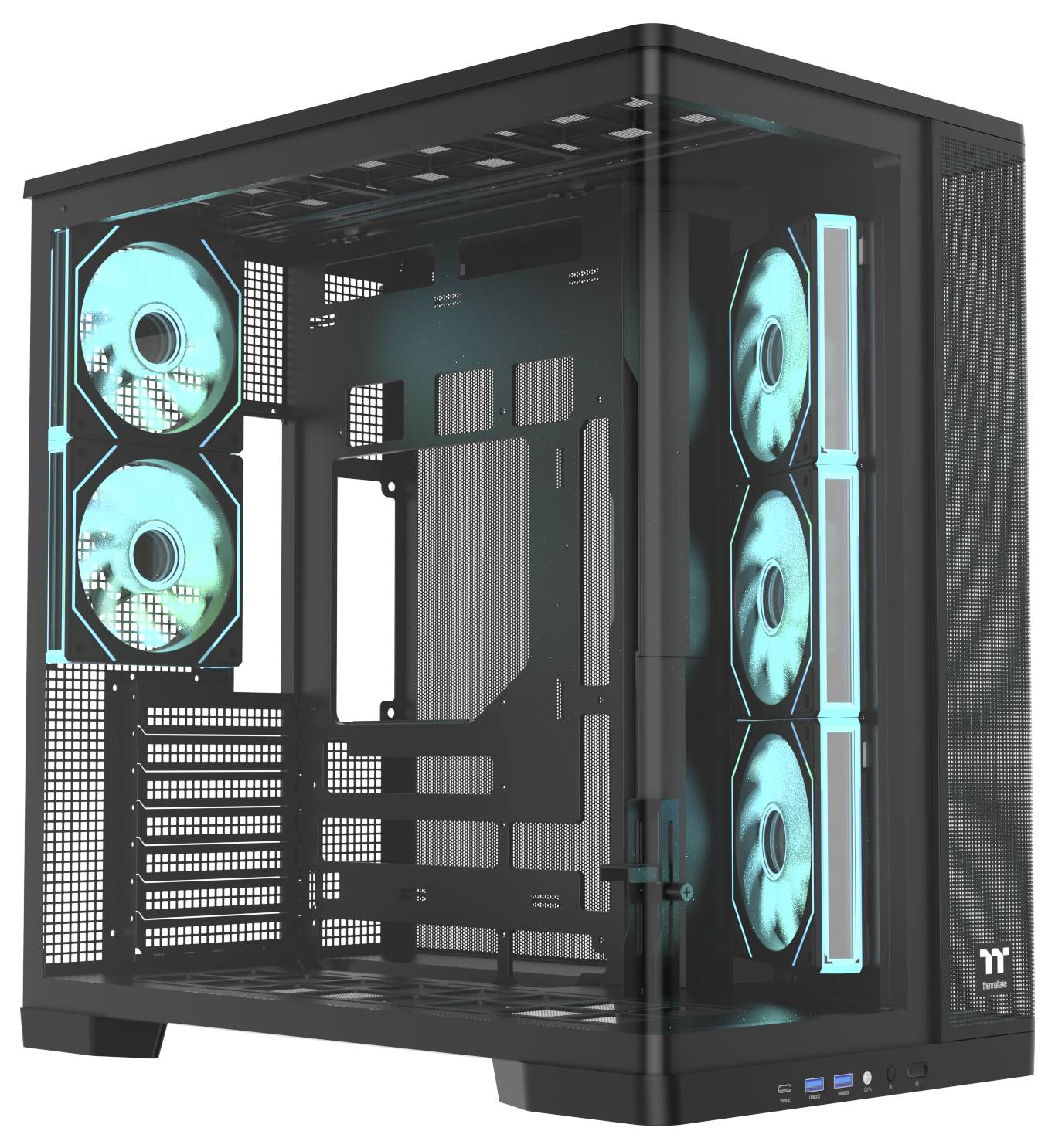 Schwarzes PC-Turmgehäuse mit transparenten Paneelen und hellen blauen LED-Lüftern, die innen installiert sind.