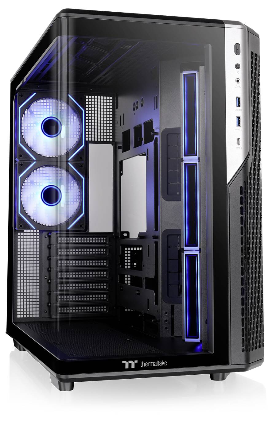 Schwarzes Thermaltake-PC-Gehäuse mit gehärteltem Glasseitenpanel, blau beleuchteten vorderen Lüftern und beleuchteten inneren Lüfterbefestigungen.