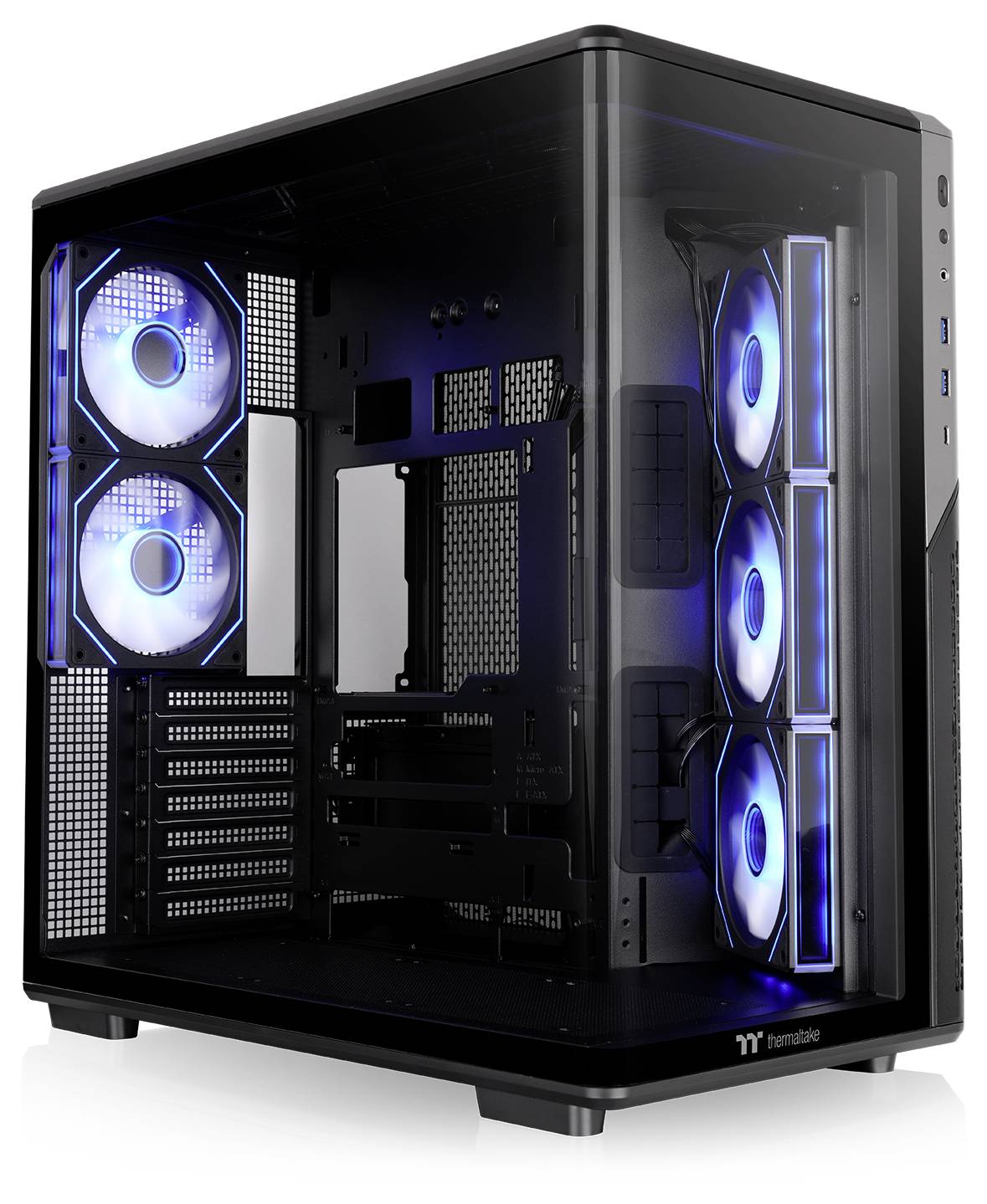 Schwarzes PC-Gehäuse mit Glaspanelen und mehreren blau beleuchteten Kühlventilatoren im Inneren.