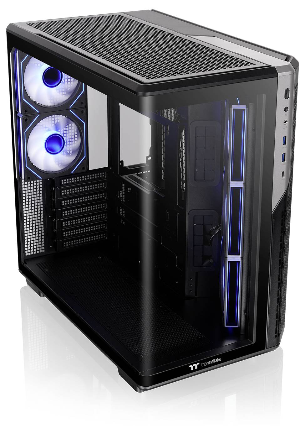 Schwarzes Thermaltake PC-Gehäuse mit gehärtetem Glasseitenpaneel, blauen LED-Frontlüftern und RGB-Beleuchtungsakzenten