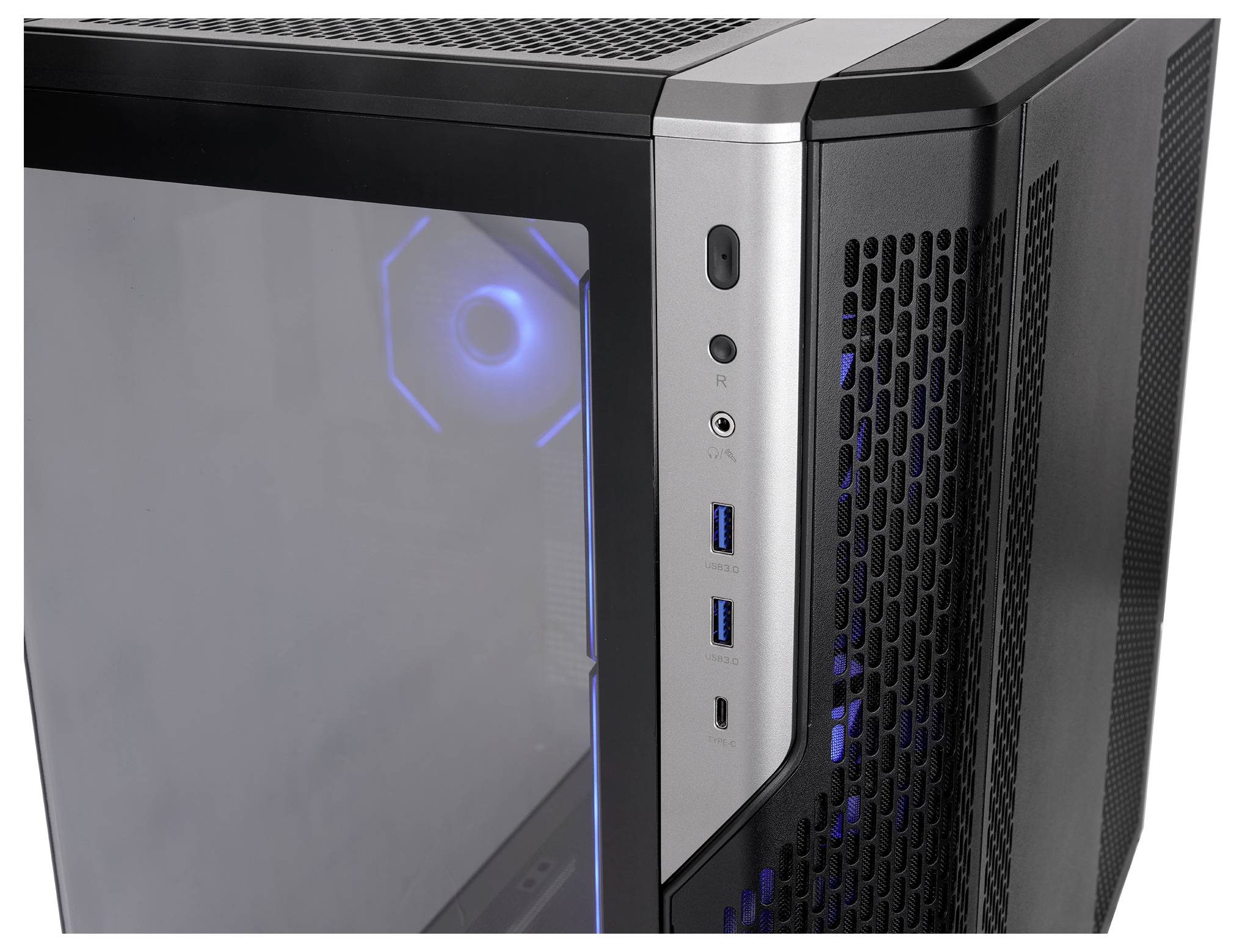 Schwarzer Desktop-PC-Tower mit transparentem Seitenpanel, blauem LED-Lüfter, USB-Anschlüssen an der Vorderseite, Kopfhörerbuchse und Ein-/Ausschalter.