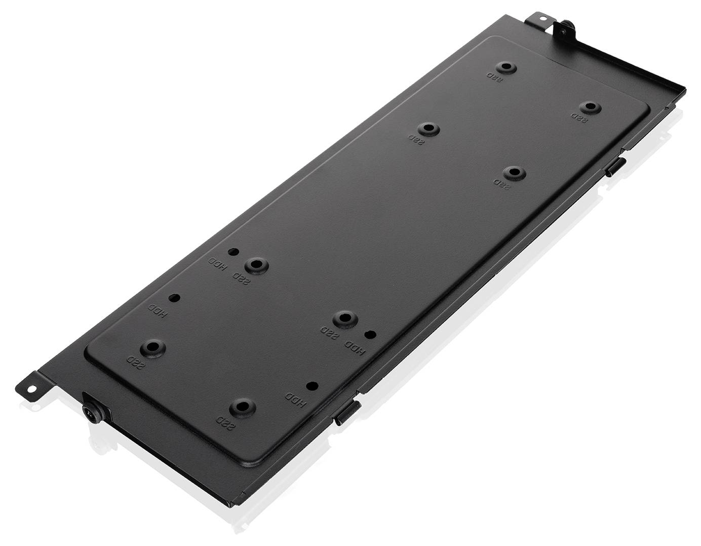Schwarzes rechteckiges elektronisches Komponentenpanel mit mehreren Schraubhalterungen und Anschlüssen auf weißem Hintergrund.