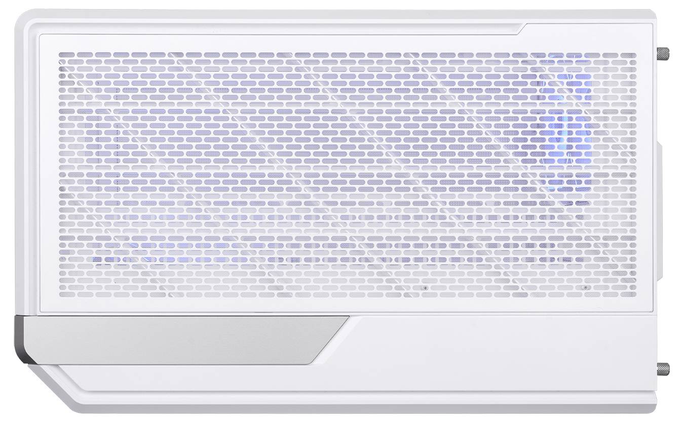 Weißes computerähnliches Gerätepanel mit perforiertem Frontgitter und blauen Anzeigelichtern auf der rechten Seite.