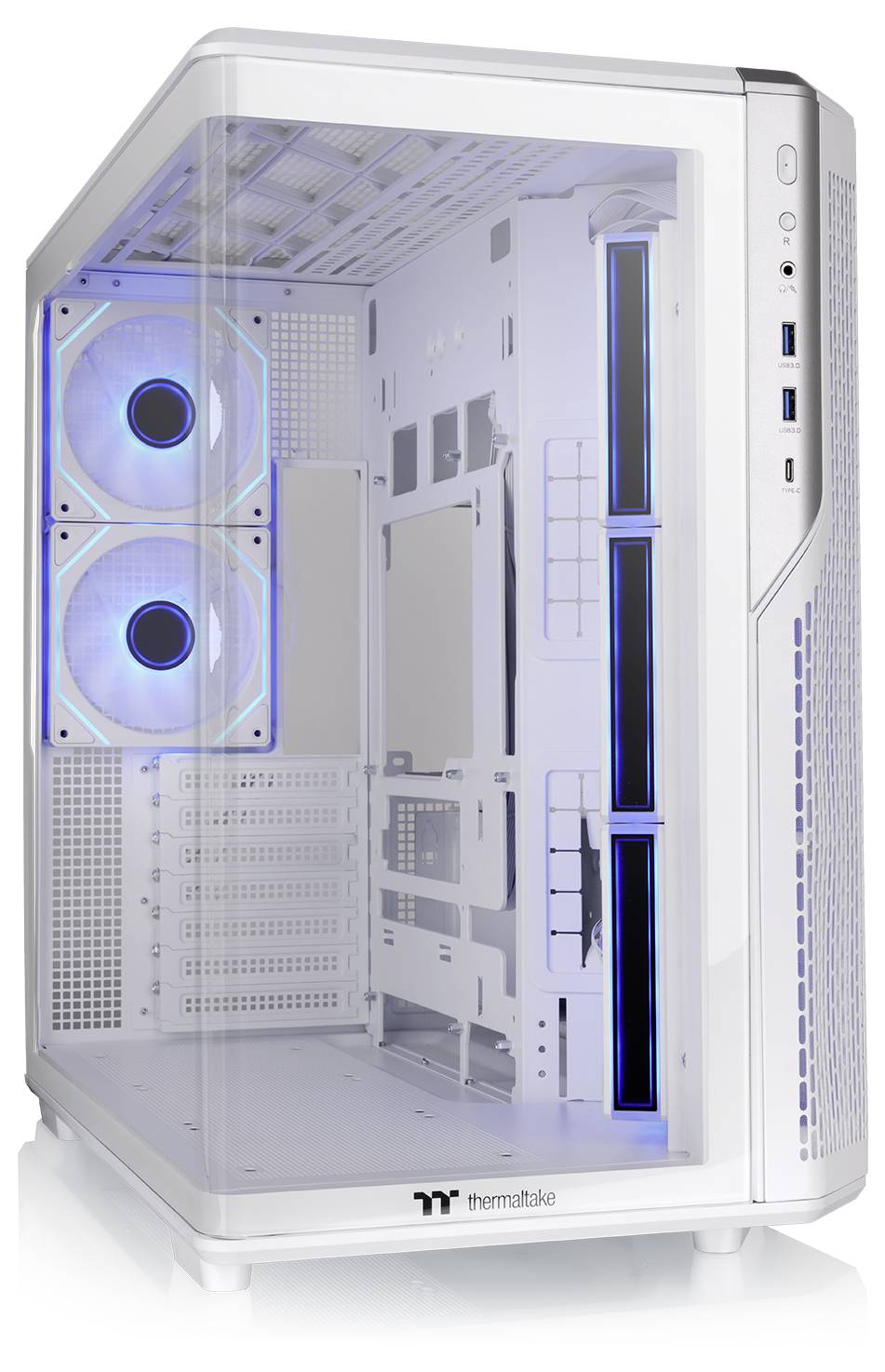 Weißes Thermaltake-Desktop-PC-Gehäuse mit transparentem Seitenpanel, blauen LED-Frontlüftern und mehreren sichtbaren internen Festplattenschächten.