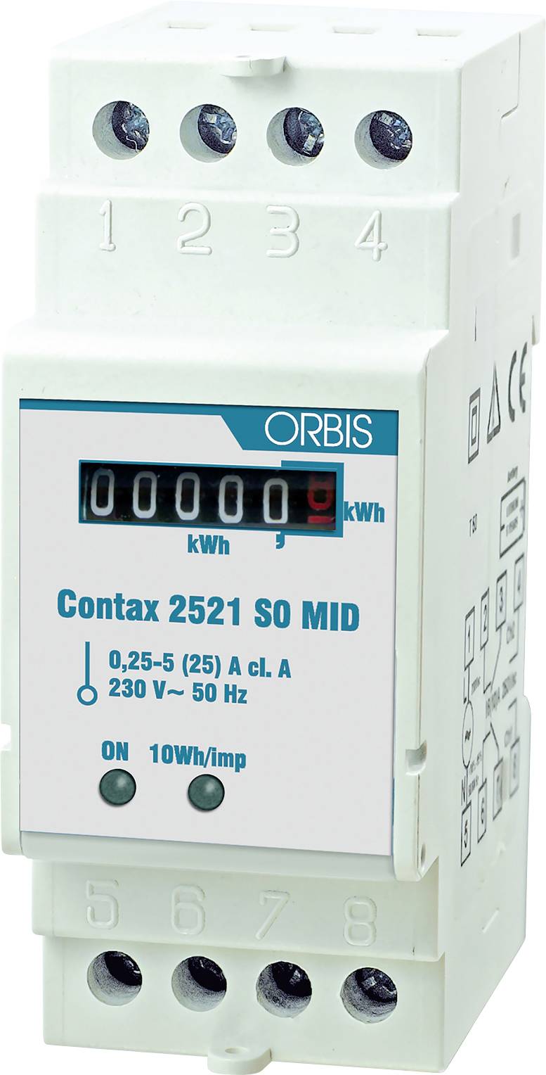 Weißer ORBIS Contax 2521 S0 MID Stromzähler mit digitaler kWh-Anzeige und Anschllussklemmen.