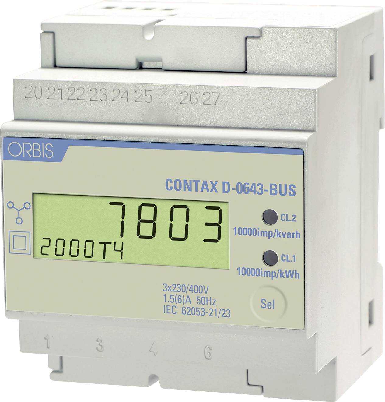 Digitales Stromzähler mit Anzeige 7803, gekennzeichnet mit „CONTAX D-0643-BUS