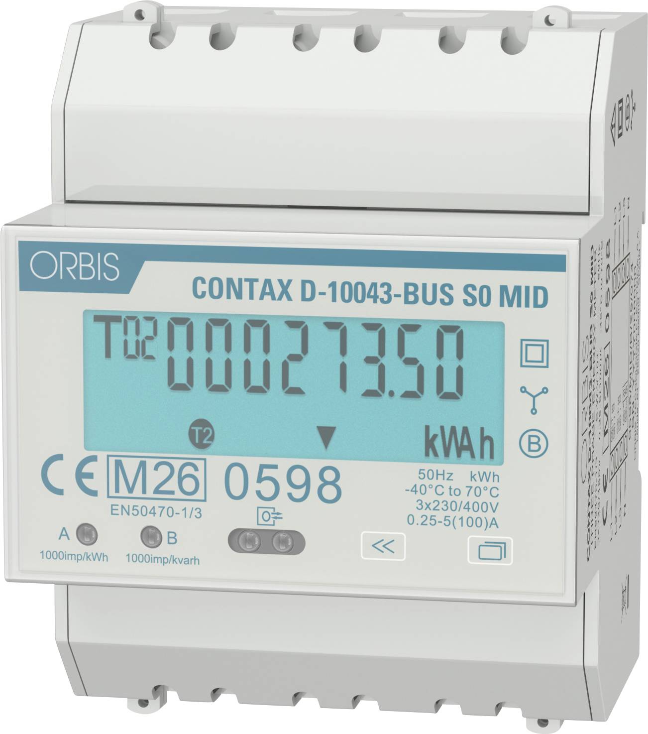 Digitales Strommessgerät-Display mit Messwert 000273.50 kWh auf einem ORBIS CONTAX D-10043-BUS SO MID-Gerät.
