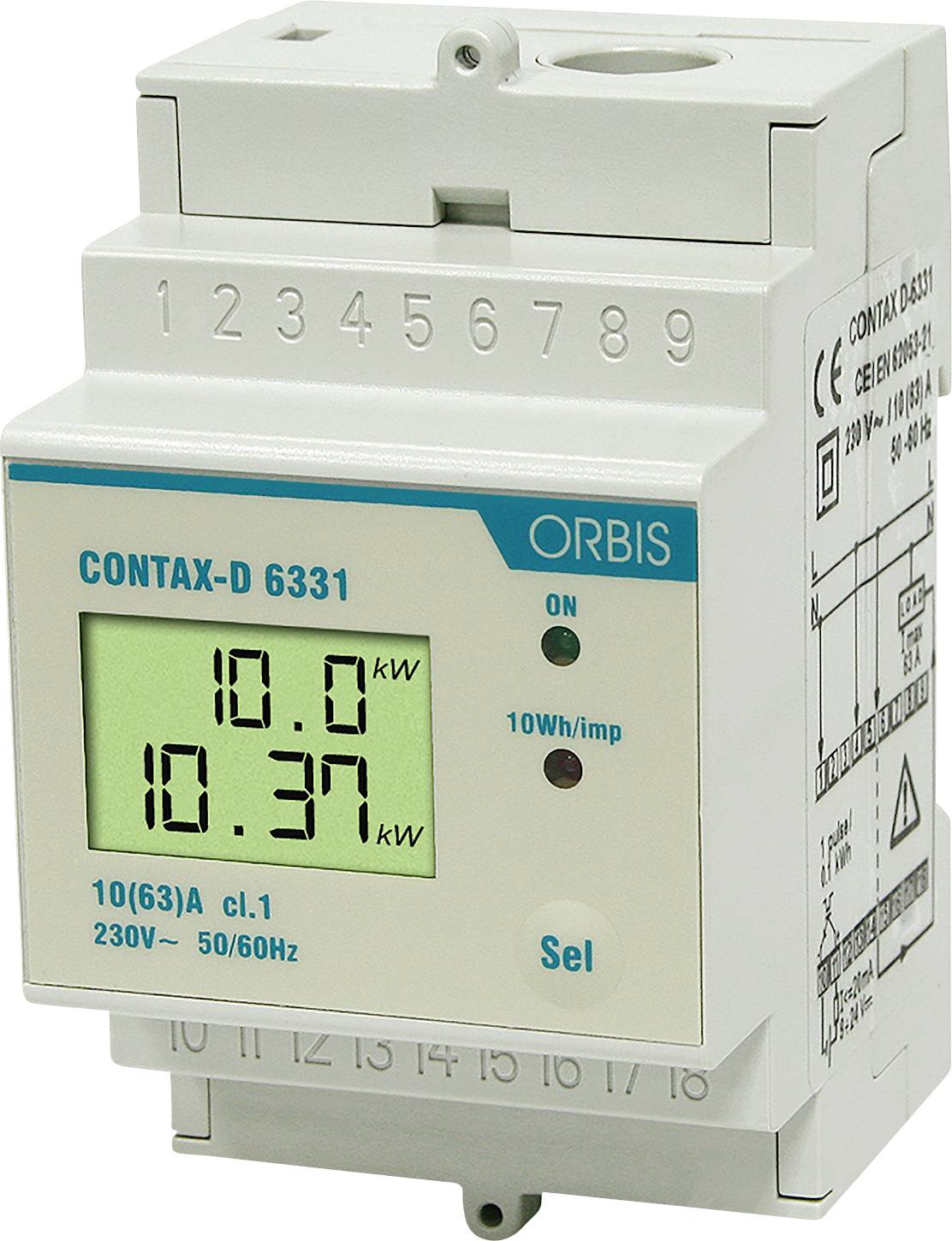 Digitales ORBIS CONTAX-D 6331 Stromzähler mit LCD-Anzeige zeigt 10,0 kW und 10,37 kW, plus AN-Indikator und Anschlussklemmen-Nummern.