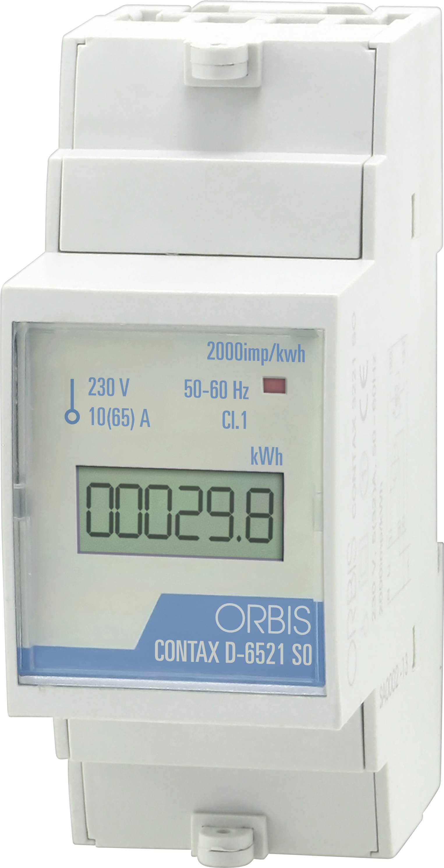 Digitales Stromzähler mit Anzeige 0029,8 kWh, gekennzeichnet als ORBIS CONTAX D-6521 SD, mit den Spezifikationen 230V und 10(65)A.