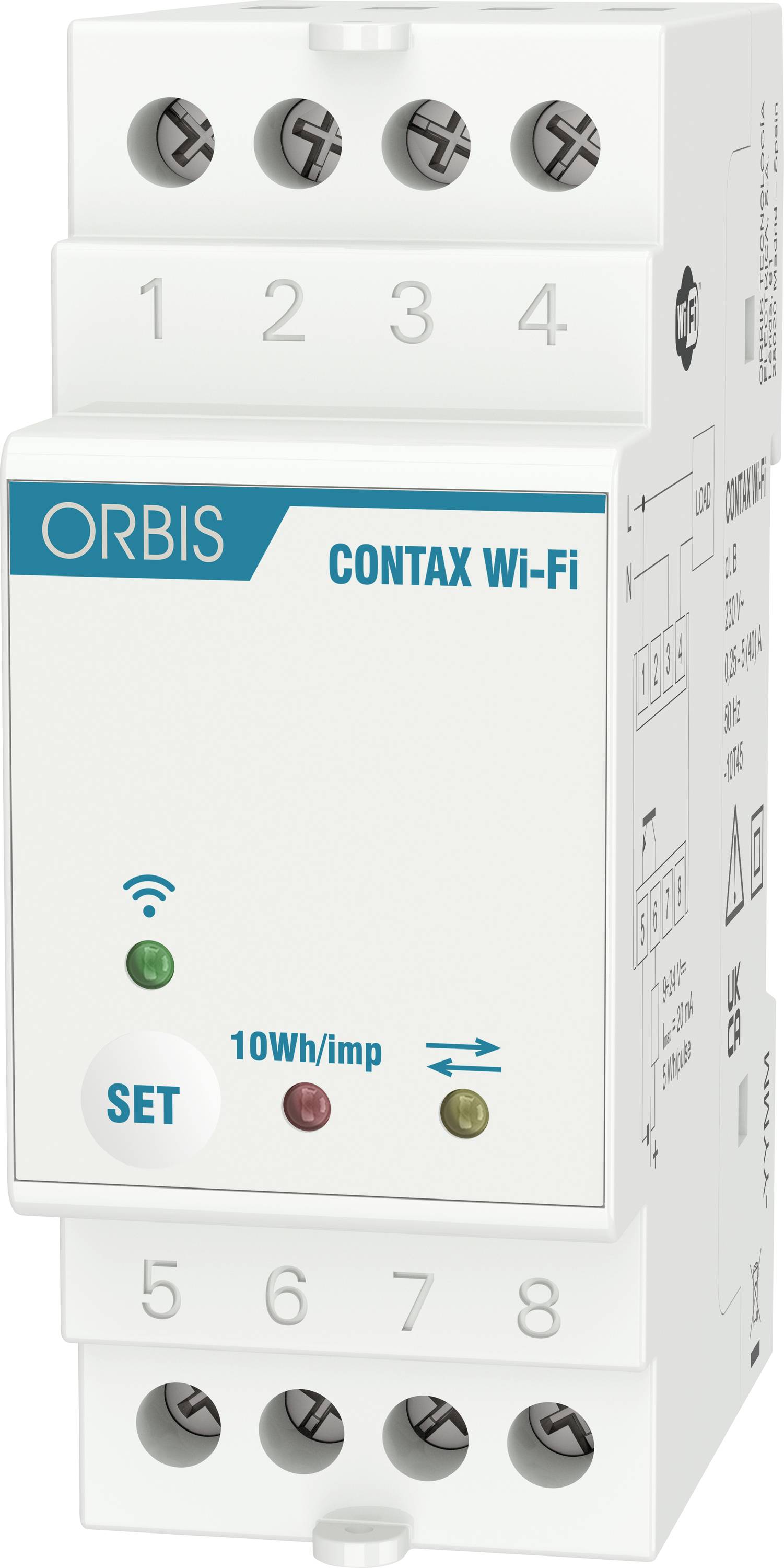 Foto eines weißen ORBIS CONTAX Wi-Fi Elektrogeräts, ein DIN-Schienen-Energiemessgerät/Regler mit nummerierten Anschlüssen und Anzeigelampen.