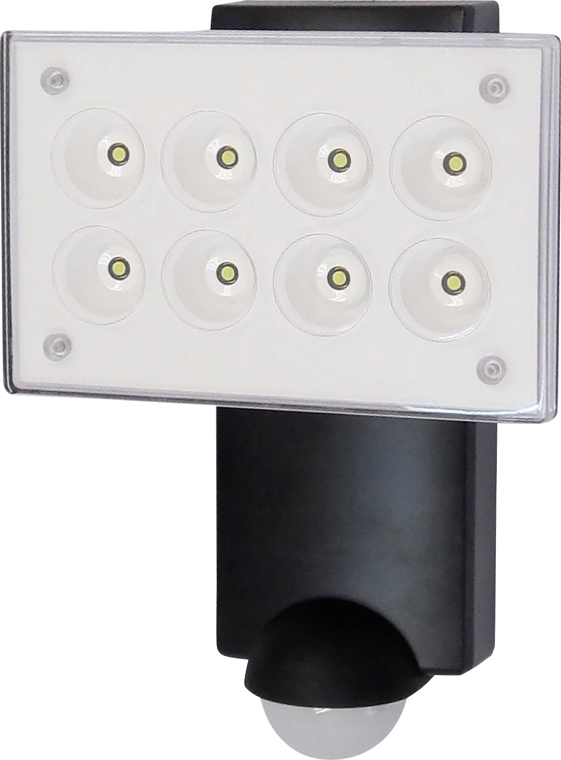 Schwarze Bewegungsmelder-Sicherheitsleuchte mit acht LED-Lampen auf einem rechteckigen Panel und einem abgerundeten Sensor darunter.