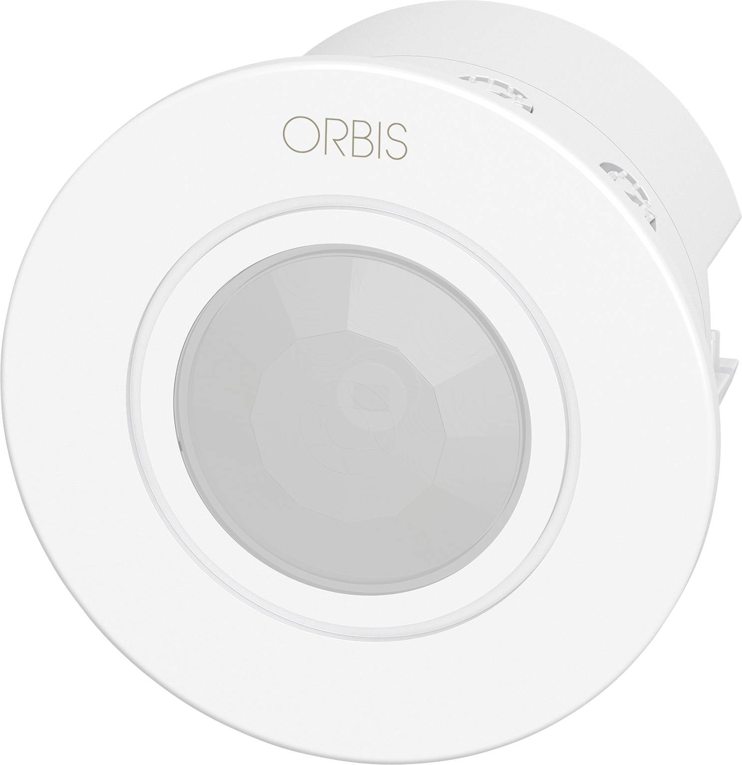 Weißer ORBIS Deckenbe­wegungsmelder mit kreisförmiger Linse und bündiger Montage, in der Produktansicht auf weißem Hintergrund dargestellt.