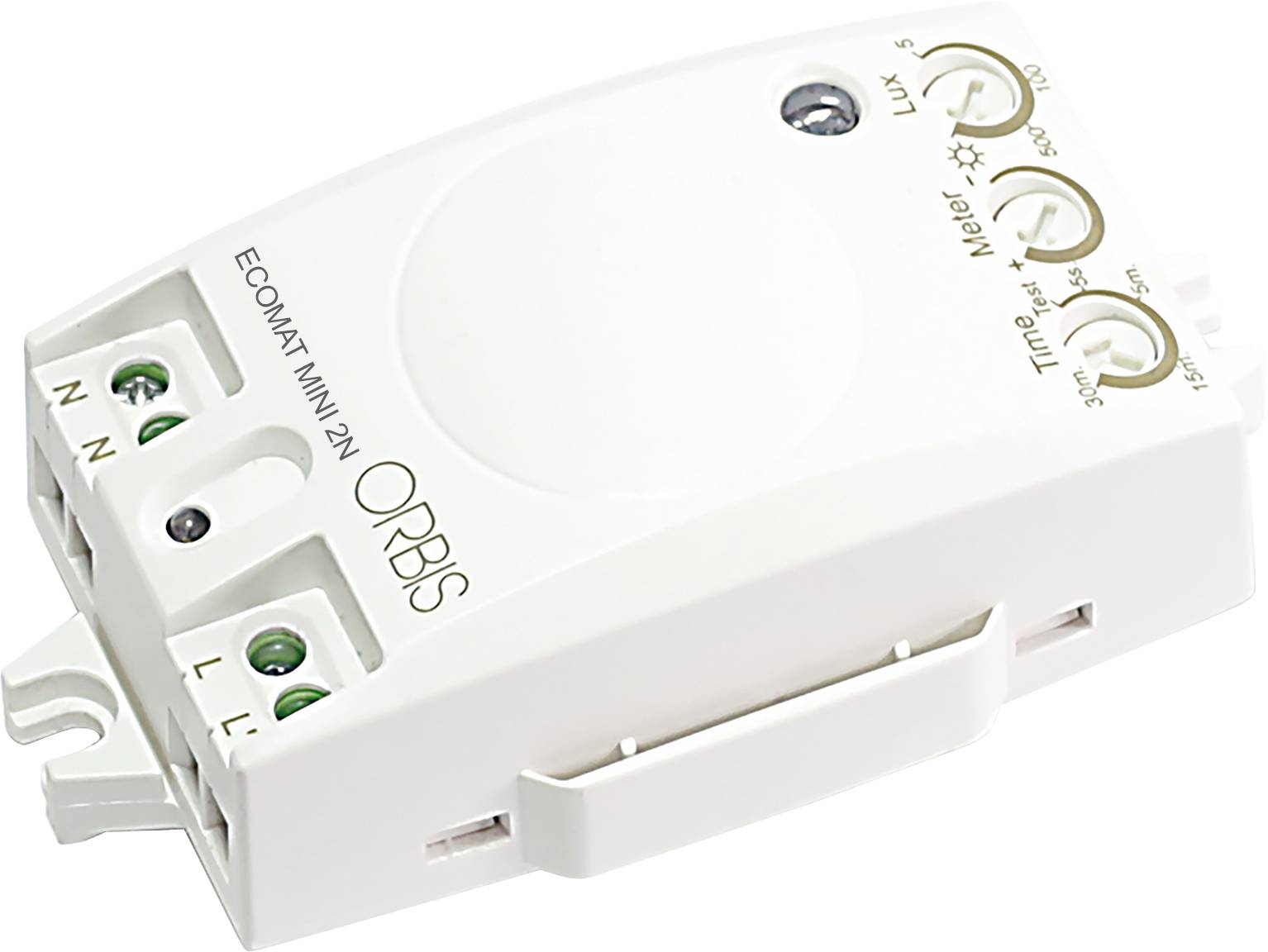 Weiße Orbis ECOMAT MINI 2N Timer-Schaltvorrichtung mit L/N-Anschllussklemmen und drei Einstellreglern für Hell-, Mittel- und Zeiteinstellungen.