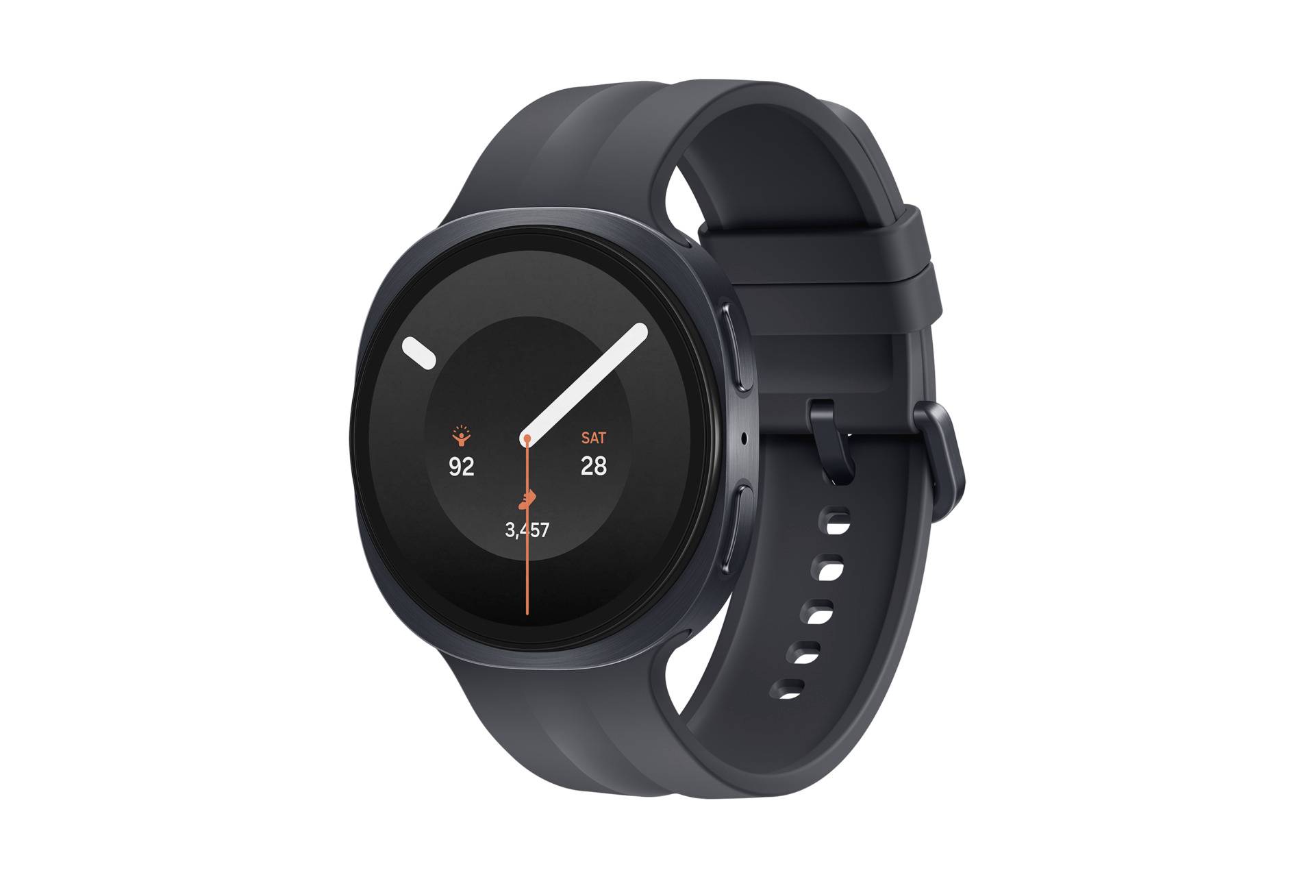 Schwarze runde Smartwatch mit Silikonarmband, die ein analoges Zifferblatt anzeigt, Herzfrequenz 92, Datum SA 28 und Schrittanzahl 3.457.